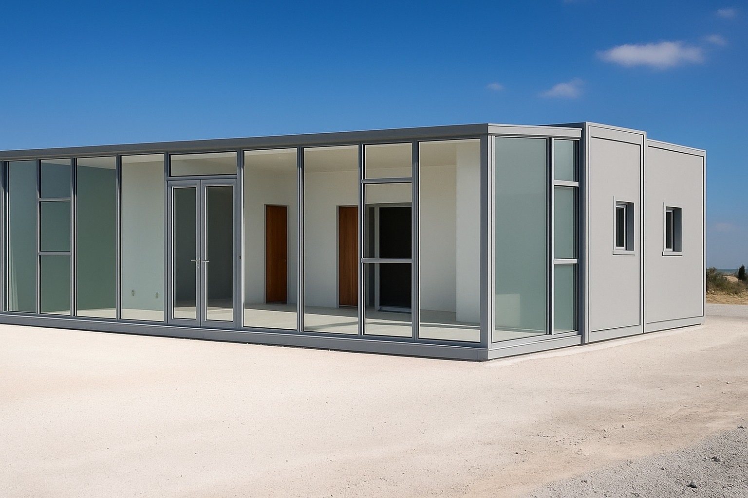 Modern modular ADU with glass frontage and silver exterior finish